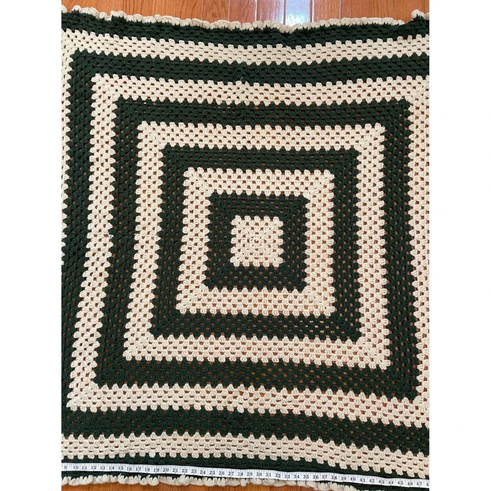Handmade Granny Square‎ Crochet Blanket Throw Cozy Cream Green Cozy Home Decor